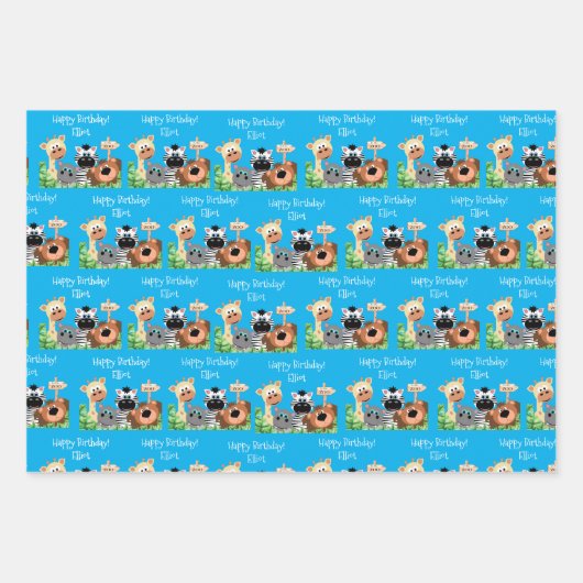 Personalisierter Zootier Geburtsdatum Grüne Leaf Geschenkpapier Set (Vorderseite)