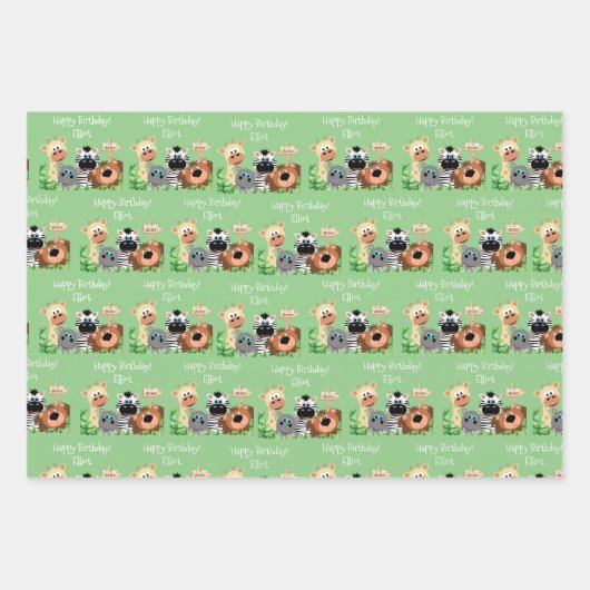 Personalisierter Zootier Geburtsdatum Grüne Leaf Geschenkpapier Set (Vorderseite 3)