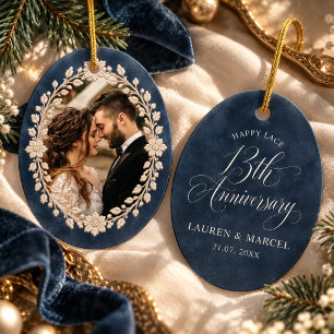 Personalisiertes 13. Jubiläums-Spitzen-Navy-Foto Keramik Ornament