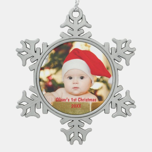 Personalisiertes 1. Foto für Weihnachten Schneeflocken Zinn-Ornament (Vorderseite)