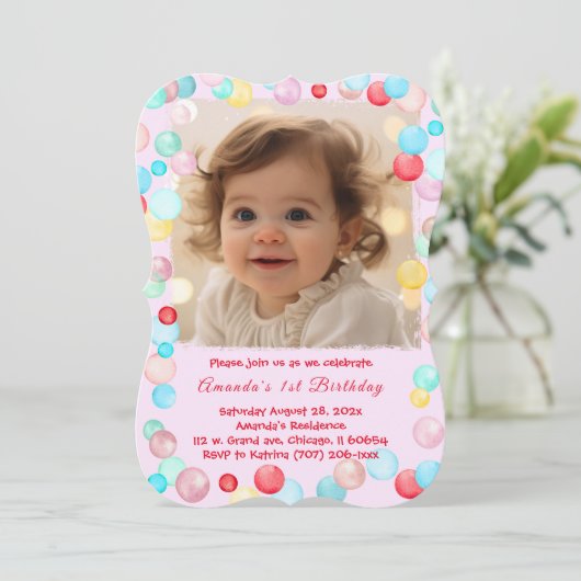 Personalisiertes 1. Geburtstag Girl Foto Einladung (Stehend Vorderseite)