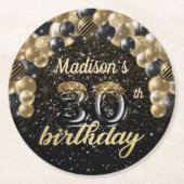 Personalisiertes 30. Geburtstagsschwarz Runder Pappuntersetzer (Vorderseite)