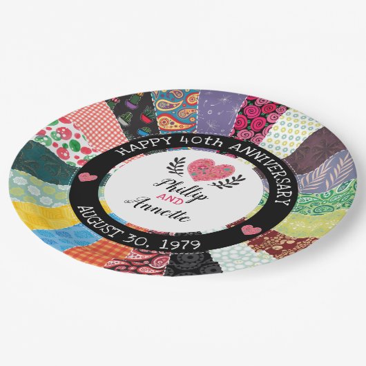 Personalisiertes 40. Jubiläum, Patchwork Quilt Pappteller (Schrägansicht)
