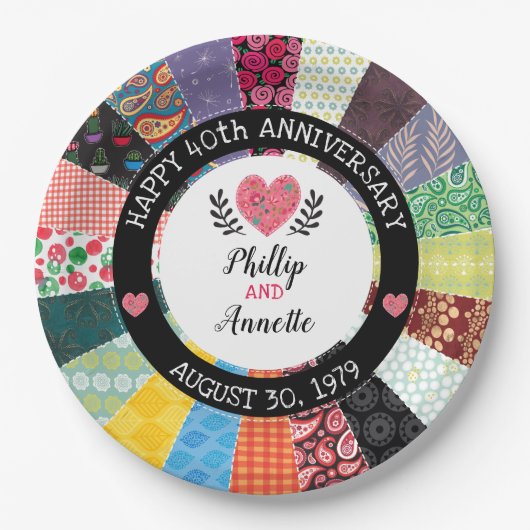 Personalisiertes 40. Jubiläum, Patchwork Quilt Pappteller (Vorderseite)