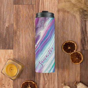 Personalisiertes abstraktes lila Türkis Glitter Thermosbecher