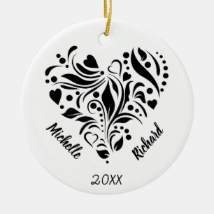 Personalisiertes Abstraktes Schwarz-Weiß-Herzdesig Keramik Ornament