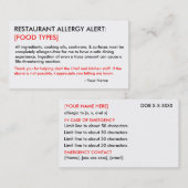 Personalisiertes Allergikerrestaurant & ICE Card Visitenkarte (Vorne/Hinten)