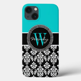 Personalisiertes anfängliches Aqua Black Damask Mu Case-Mate iPhone Hülle