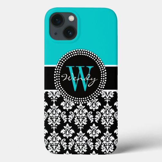 Personalisiertes anfängliches Aqua Black Damask Mu Case-Mate iPhone Hülle (Rückseite)