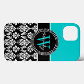 Personalisiertes anfängliches Aqua Black Damask Mu Case-Mate iPhone Hülle (Rückseite (Horizontal))