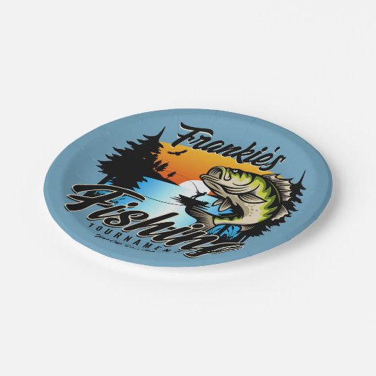 Personalisiertes Angelturnier Fischfeindlichkeit Pappteller (Schrägansicht)