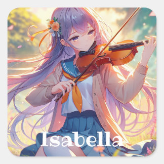 Personalisiertes Anime Girl Violinspiel Quadratischer Aufkleber