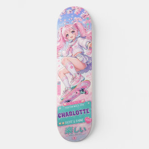 Personalisiertes Anime-Mädchen Süß Rosa und Pastel Skateboard