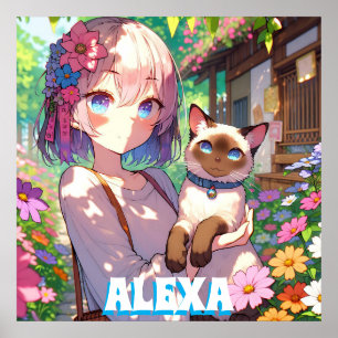 Personalisiertes Anime-Mädchen und Siamkatze Poster