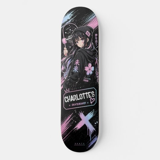 Personalisiertes Anime Pastell und schwarzes Skate Skateboard (Vorderseite)