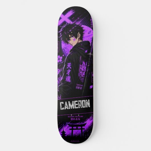 Personalisiertes Anime Schwarz Lila Samurai Skateboard (Vorderseite)