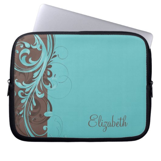 Personalisiertes Aqua Blue Brown Floral Laptop Sie Laptopschutzhülle (Vorderseite)