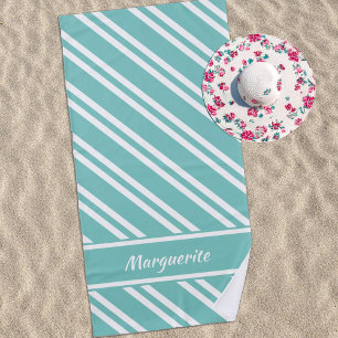 Personalisiertes Aqua-Grün und Weiße Streifen Strandtuch