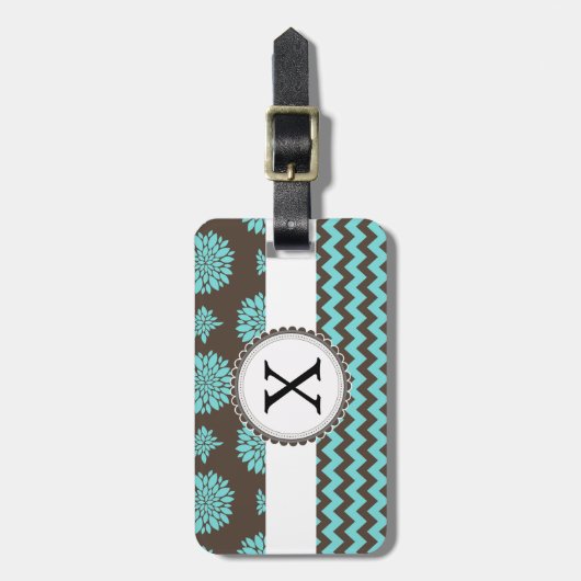 Personalisiertes Aqua und braune Blume Zigzag Gepäckanhänger (Vorderseite vertikal)