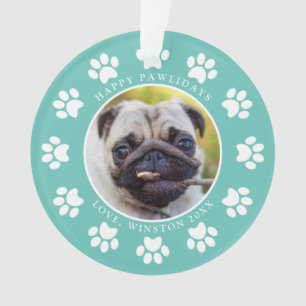 Personalisiertes Aquamarin Happy Pawlidays Dog Fot Ornament