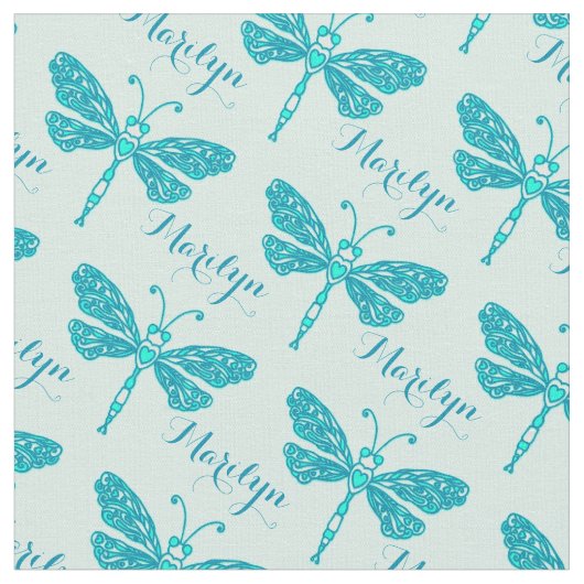 Personalisiertes aquamarines Aqua-Name-Dragonfly-F Stoff (Nahaufnahme)