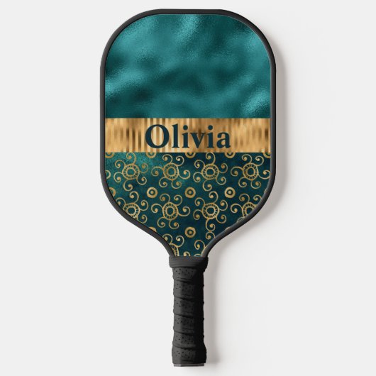 Personalisiertes Aquamarines Metallic Gold Pickleball Schläger (Vorderseite)