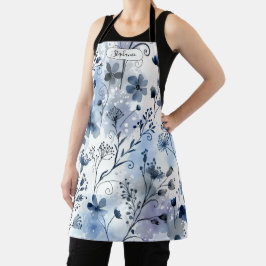 Personalisiertes Aquarell Blau-Graues Blumenmuster Schürze