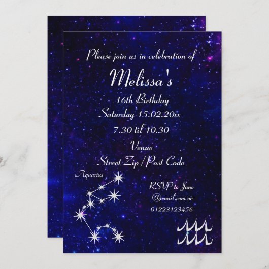 Personalisiertes Aquarius Zodiac Galaxy Party Einladung (Vorne/Hinten)
