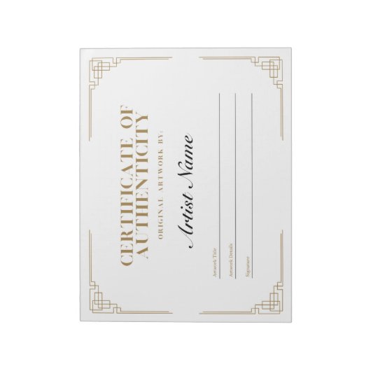 Personalisiertes Art-Deco-Echtheitszeugnis Notizblock (Rotiert)