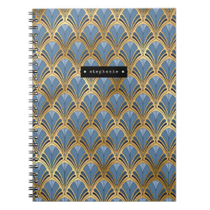 Personalisiertes Art Deco Fächer Muster Blau Gold Notizblock
