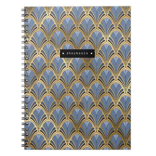 Personalisiertes Art Deco Fan Muster Blau Gold Notizblock (Vorderseite)