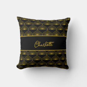 Personalisiertes Art Deco Schwarz & Gold Fächer Mu Kissen