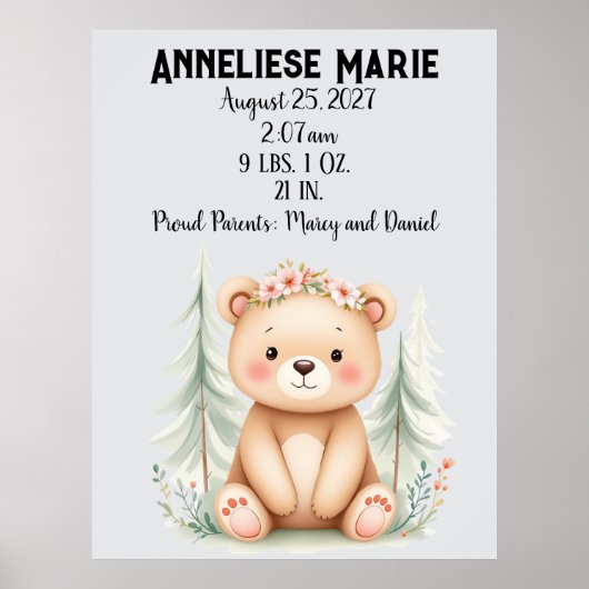 Personalisiertes Baby Bear Birth Stats Girls' Kind Poster (Vorne)