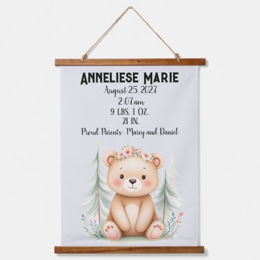 Personalisiertes Baby Bear Birth Stats Girls' Kind Wandteppich Mit Holzrahmen (Vorderseite)