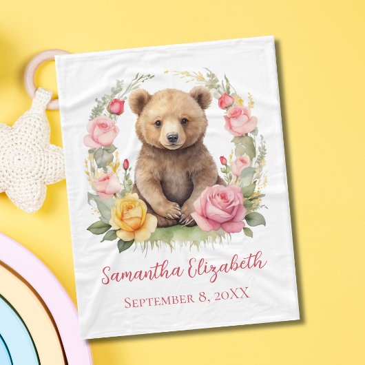 Personalisiertes Baby Bear Pink Yellow Roses Baby Fleecedecke