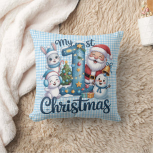 Personalisiertes Baby Blau Gingham Mein erstes Wei Kissen