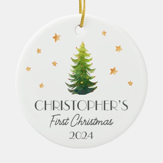 Personalisiertes Baby First Christmas festlicher B Keramik Ornament (Vorne)