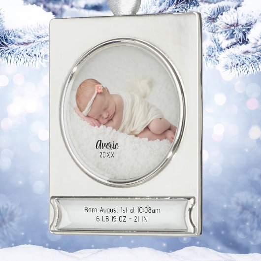 Personalisiertes Baby Foto Geburtsstunde Weihnacht Banner-Ornament Silber