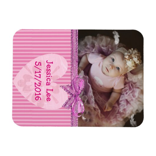 Personalisiertes Baby Foto Magnet Rosa Streifen (Horizontal)
