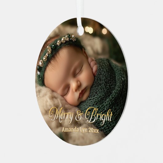 Personalisiertes Baby Foto Merry & Bright Ornament Aus Metall (Vorderseite links)