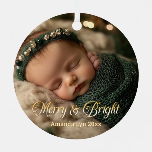Personalisiertes Baby Foto Merry & Bright Ornament Aus Metall (Vorderseite)