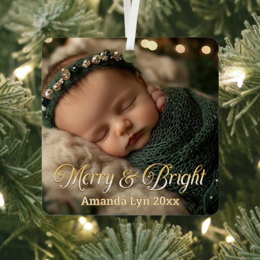 Personalisiertes Baby Foto Merry & Bright Ornament Aus Metall (InSitu)