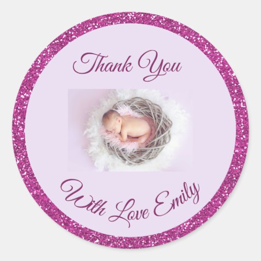 Personalisiertes Baby Foto Pink Glitzer Vielen Dan Runder Aufkleber (Vorderseite)