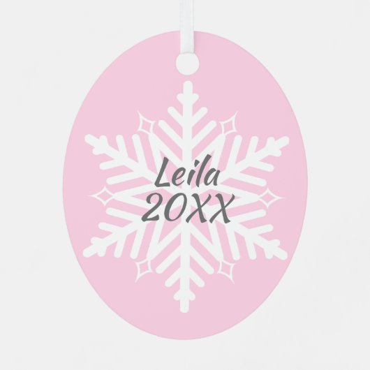 Personalisiertes Baby Foto Rosa Schneeflocke Ornament Aus Metall (Rückseite)