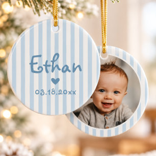 Personalisiertes Baby-Foto-Weihnachten Blaue Strei Keramik Ornament