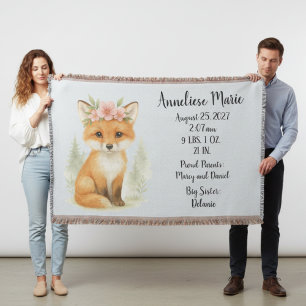 Personalisiertes Baby Fox Birth Stats Girls' Kinde Decke