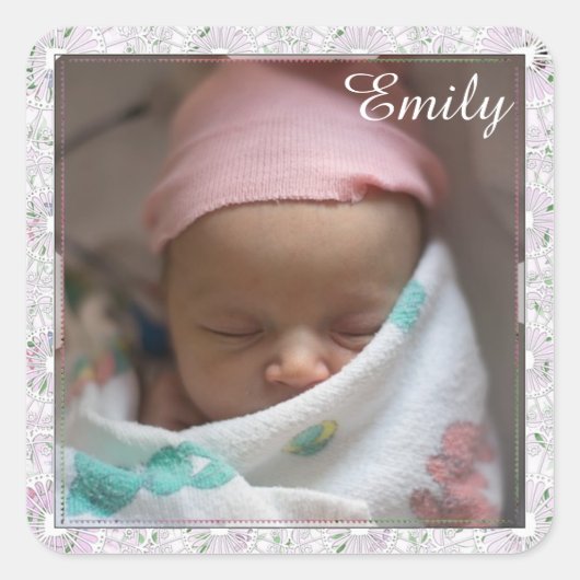 Personalisiertes Baby Girl Pink Bordering Quadratischer Aufkleber (Vorderseite)