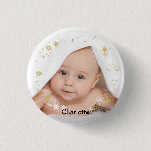 Personalisiertes Baby in einem Snowflake-Rahmen Button (Vorderseite)