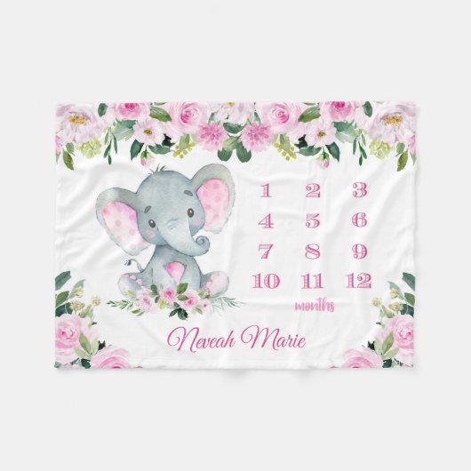 Personalisiertes Baby Mädchen Elephant Milestone N Fleecedecke (Vorderseite (Horizontal))