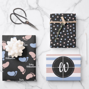 Personalisiertes Baby Shower Gender Reveal Monogra Geschenkpapier Set